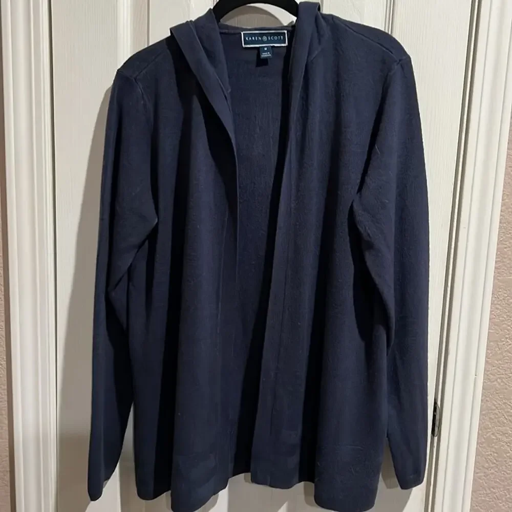 Karen Scott Cardigan Lexsoft Hooded Blue size Medium Flattering